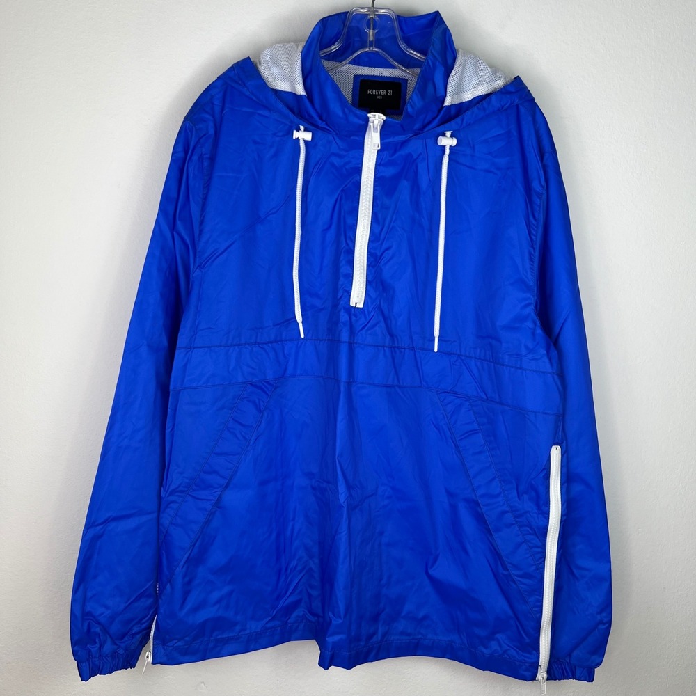 Forever 21 Men's Windbreaker Jacket Large NWT Blue Hooded Pullover Zip
